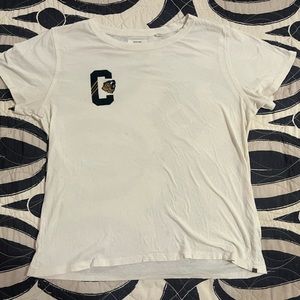 Billy Reid White Short Sleeve Tee with Black and Gold Patch